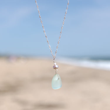 Sterling Silver Aqua Blue Sea Glass, Pearl + Moonstone Necklace
